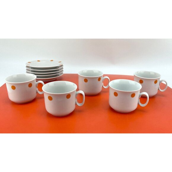 Vintage espresso cup saucer set, orange polka dots, porcelain, Giesche Bogucice - Picture 4 of 8